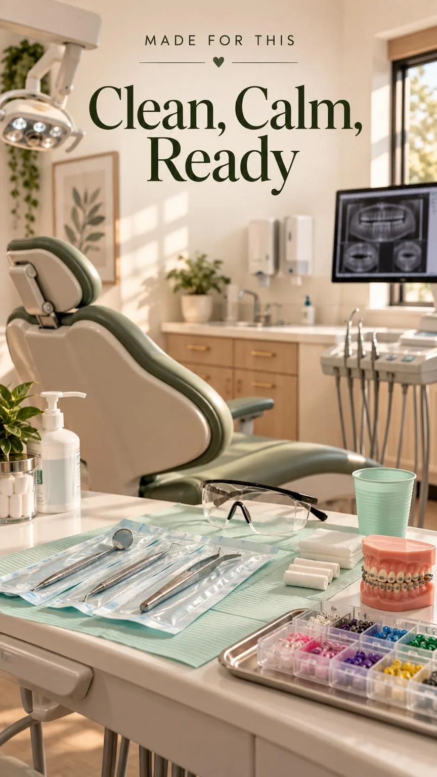 Warm dental workspace with a chair, prepared instruments, protective eyewear, and Clean Calm Ready headline.