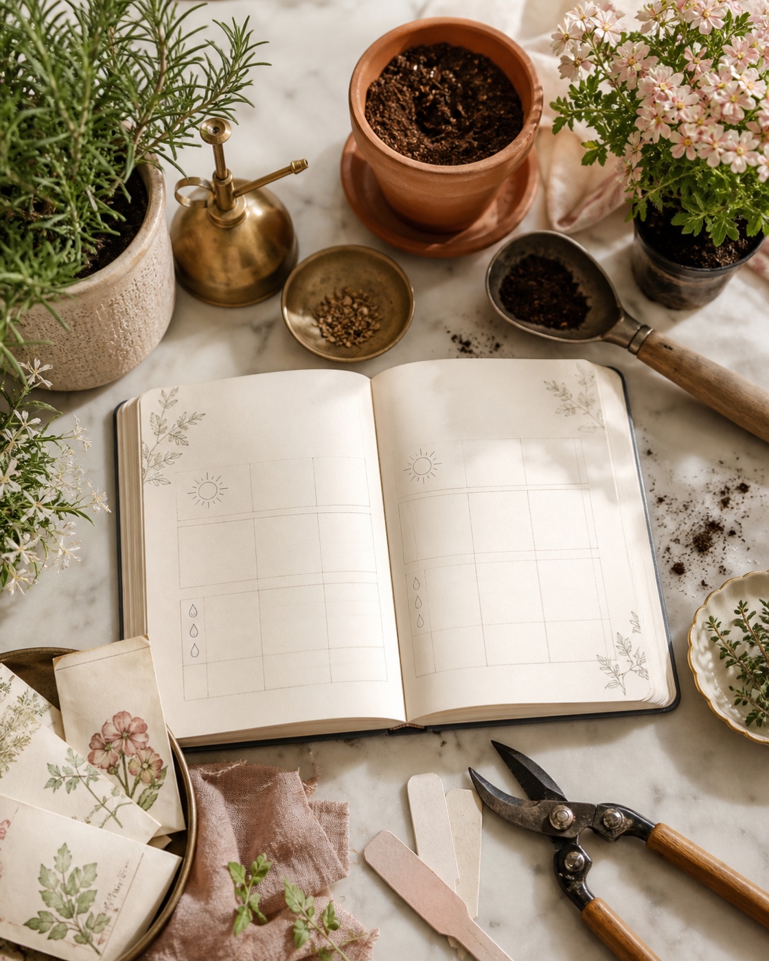 Garden planning journal with seedlings, pots, and hand tools