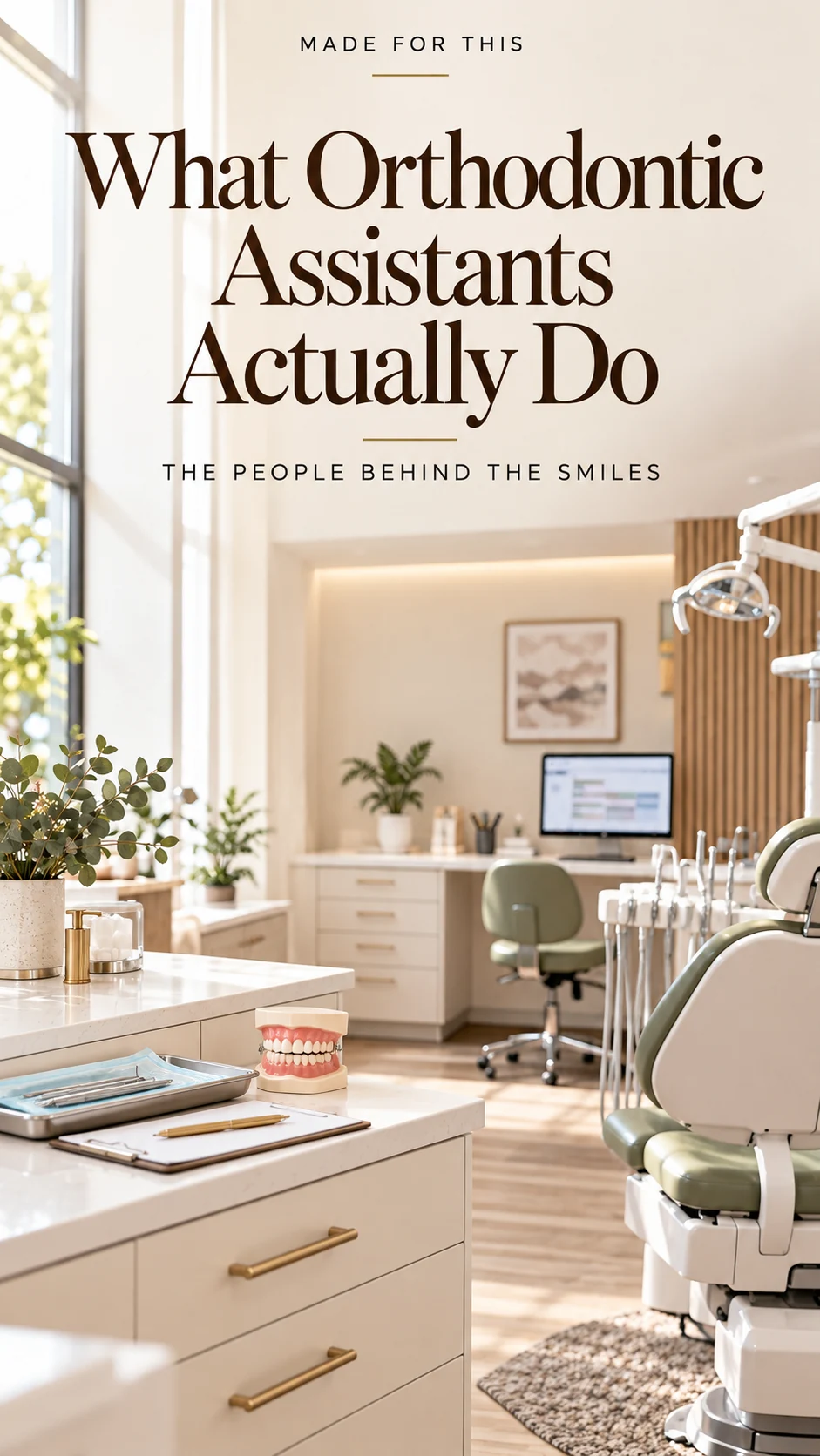 A bright orthodontic clinic with an empty patient chair, organized station, and appointment desk; no people.
