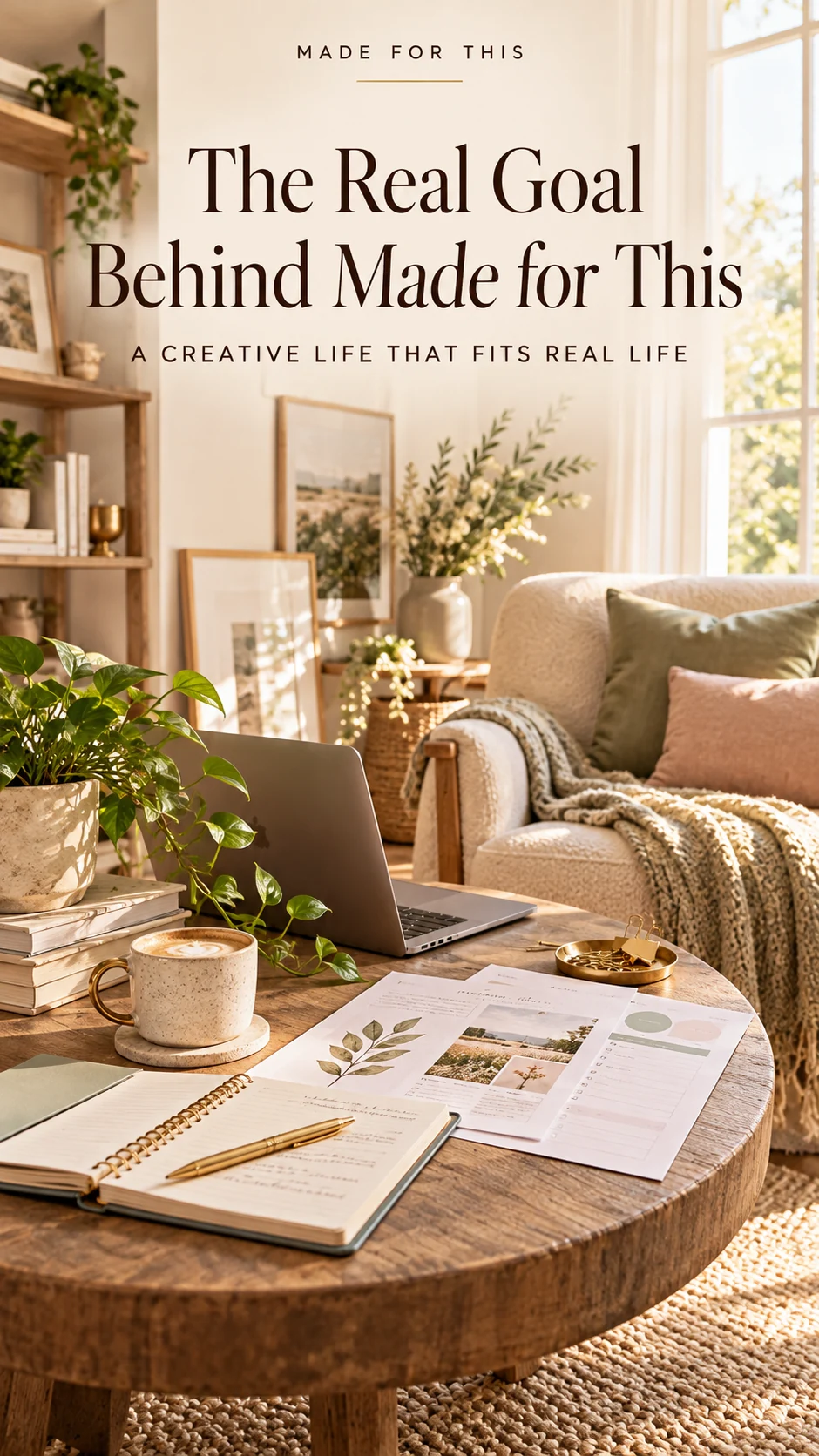 A quiet home studio with notebook, worksheets, laptop, and plant in cream and sage; no people.