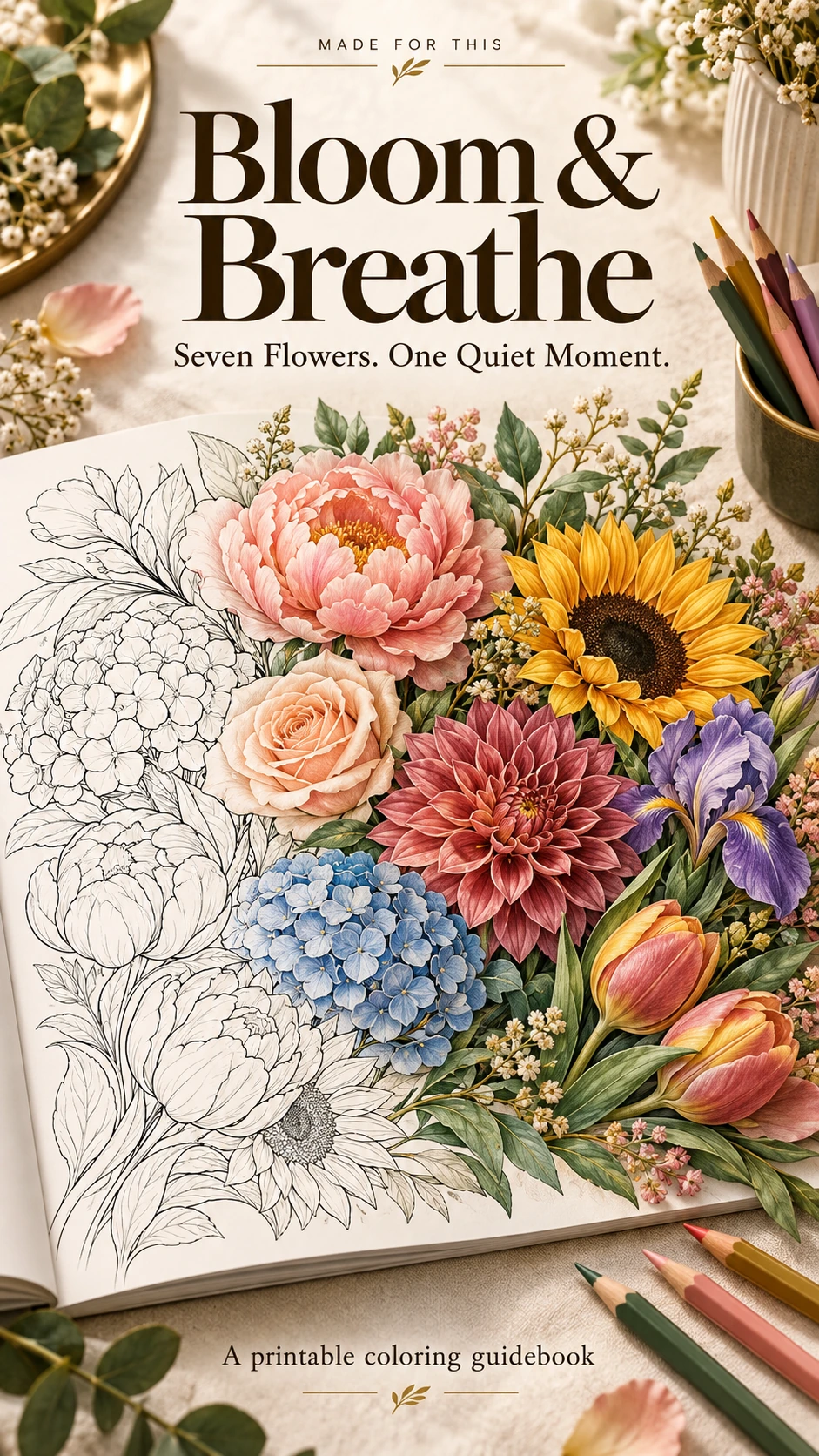 Bloom and Breathe cover with colorful flowers on a cream and sage background