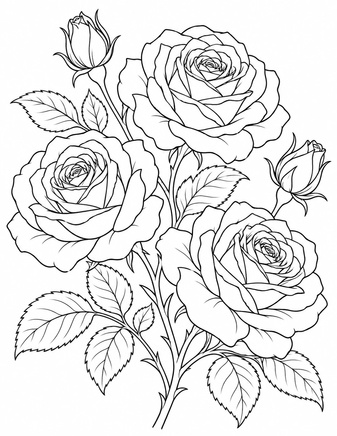 Black line drawing of a rose bouquet for coloring